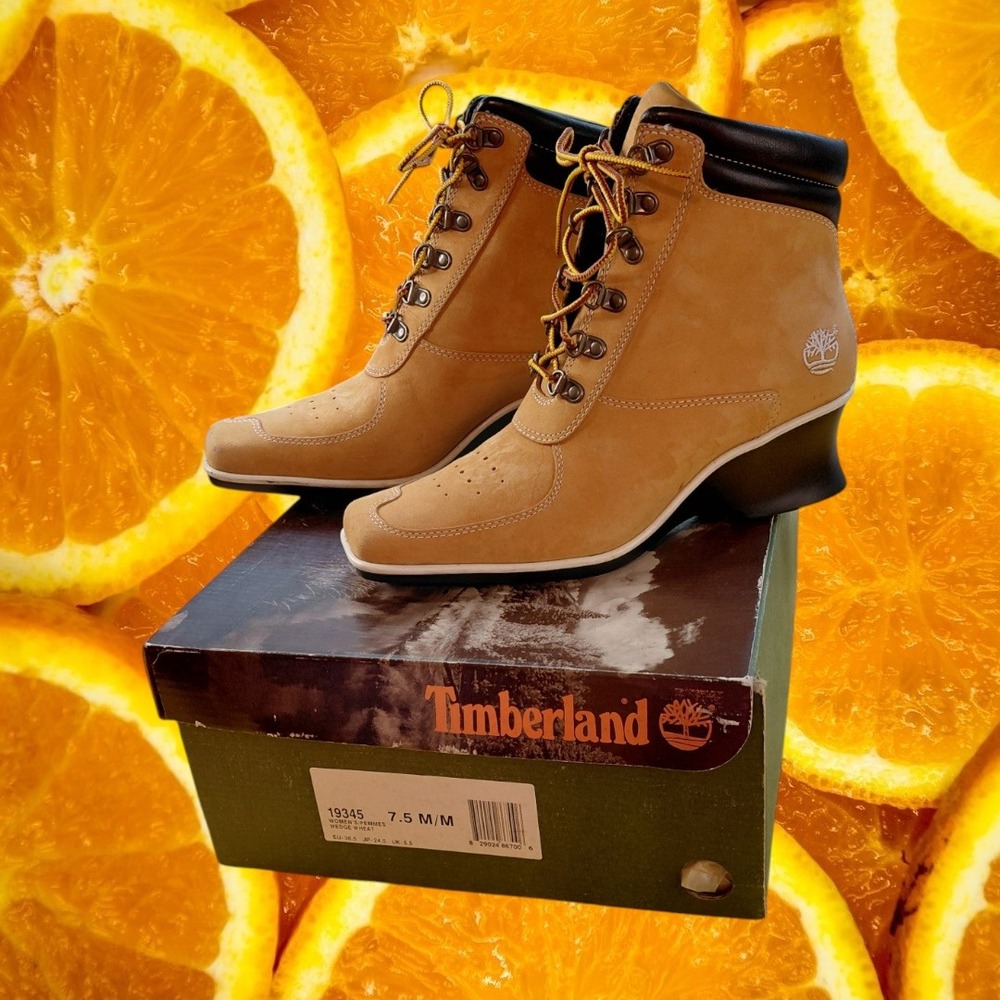 Timberland 19345 Women Wheat Leather Wedge Square Toe Lace Up Boots 7.5 M